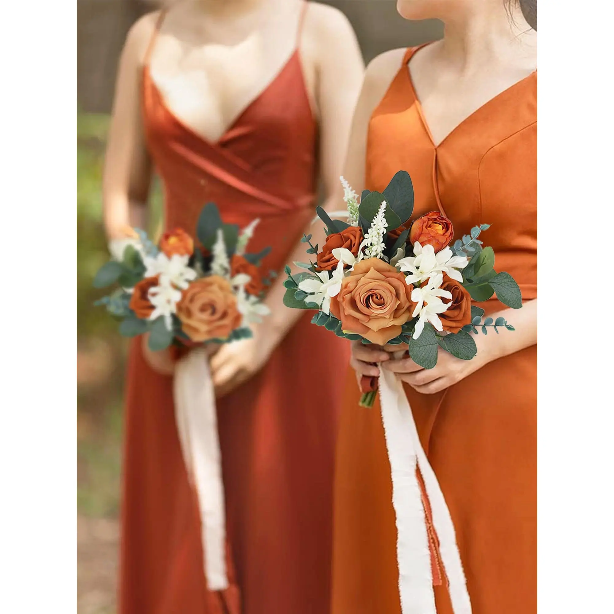 Rinlong Rust Orange & Grey-Green Artificial Silk Flowers Bridesmaid Bouquet - 10.2in W x 11.8in H, Wedding & Home Festive Party Decor Supply, Artificial Flowers