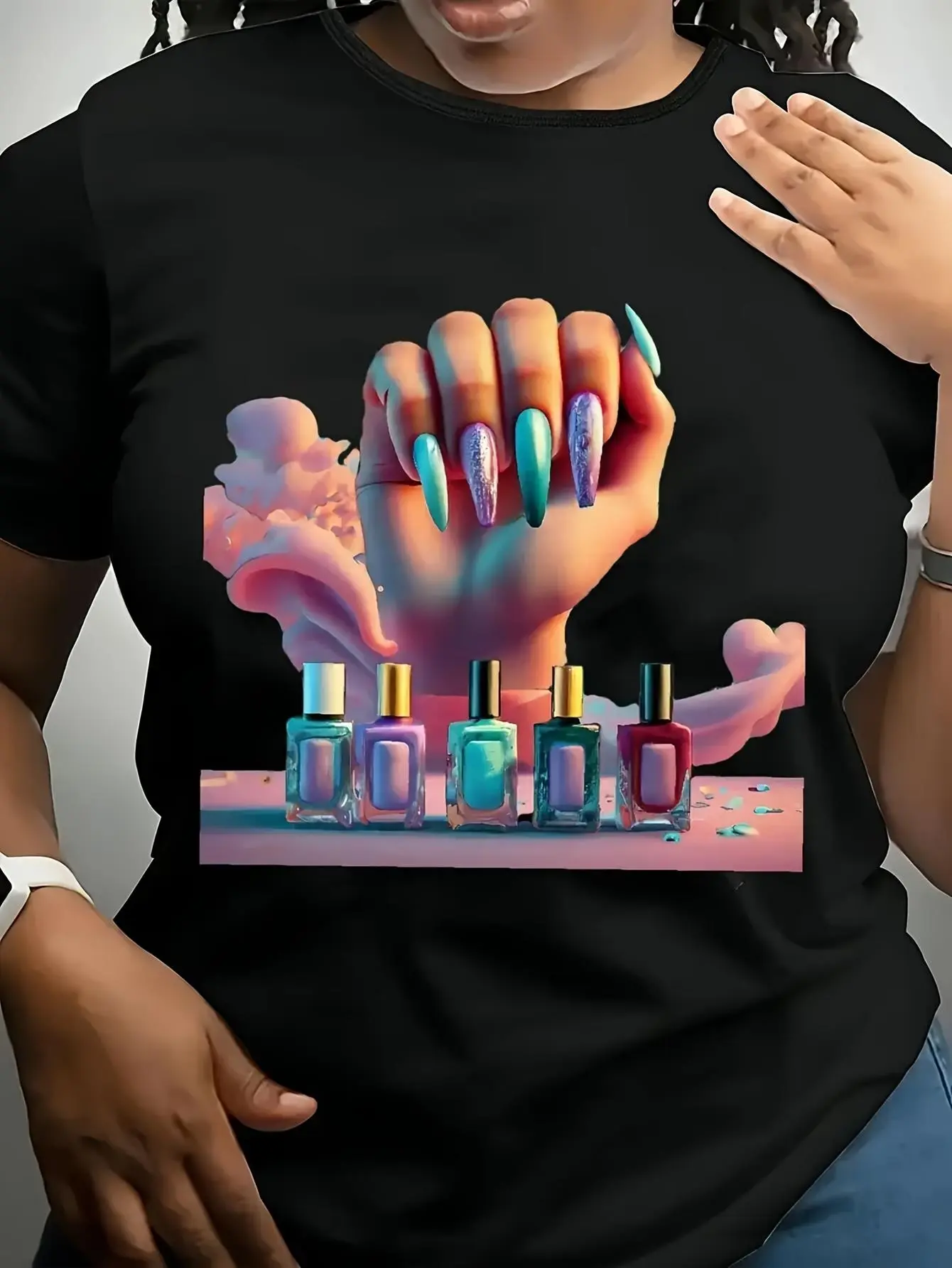 Womens Black Neon Nail Polish & Manicure Graphic T-Shirt - Slim Fit Short Sleeve Round Neck Blouse with Turquoise BluePinkWhite Polish Bottles Print for Nail Salon Outfits, Party & Daily Wear( Machine Washable), Trendy Tops, Casual Wear, Playful
