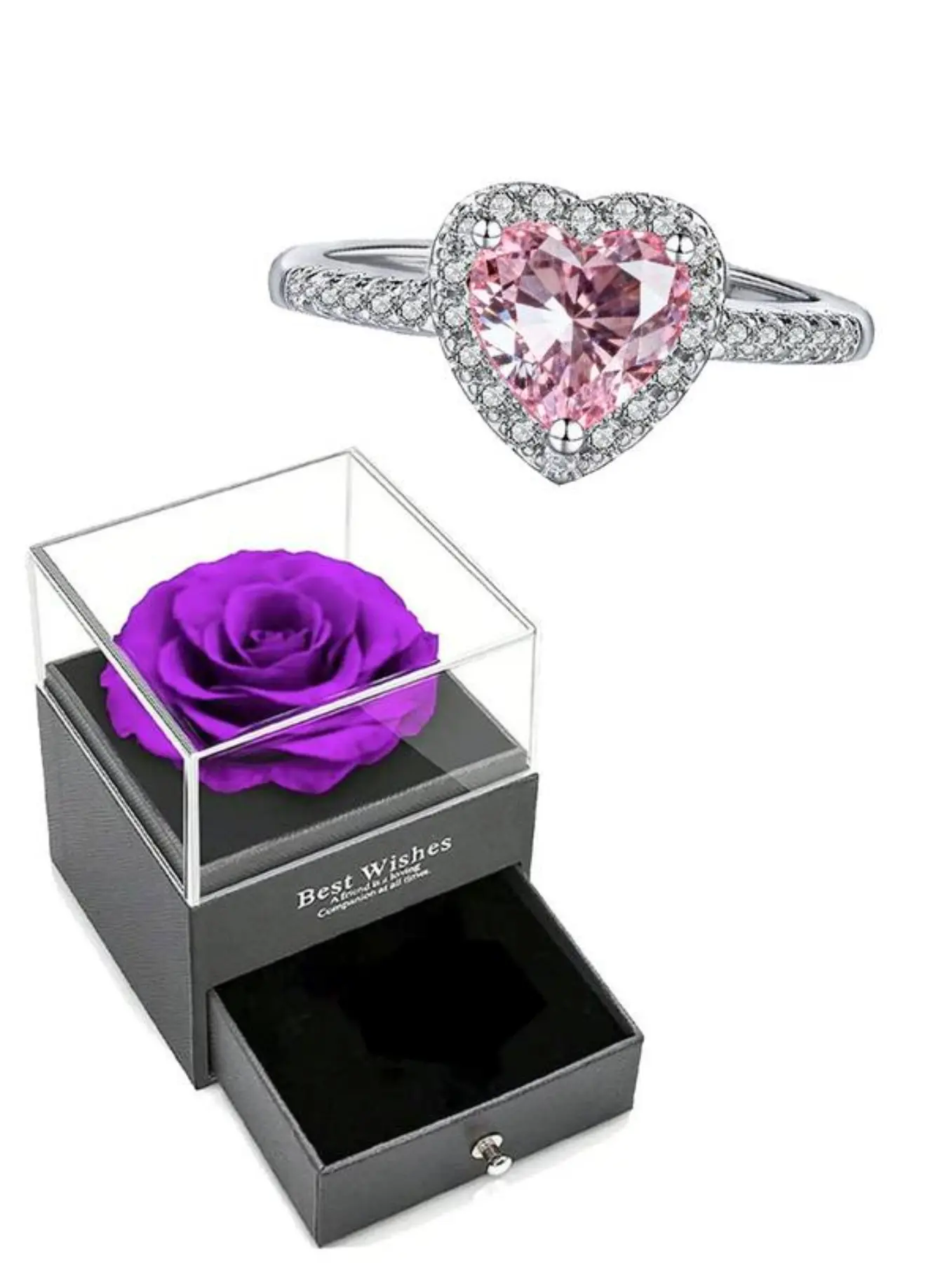 Heart Diamond Ring Hidden in Eternal Rose Box, Exclusive Romantic Gift, Valentine's Day Present, Adjustable Jewelry Gift, Heart Shaped Ring, Elegant Engagement Ring, Solitaire Engagement Rings, Beautiful Rings, Wedding Engagement Ring, Love Ring