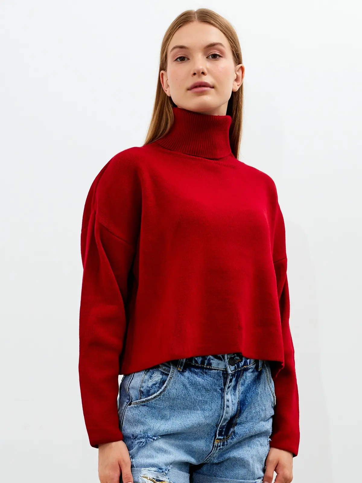 Women's Cropped Oversized Turtleneck Sweater Solid Color Turtleneck Cropped Oversize Sweater Striped