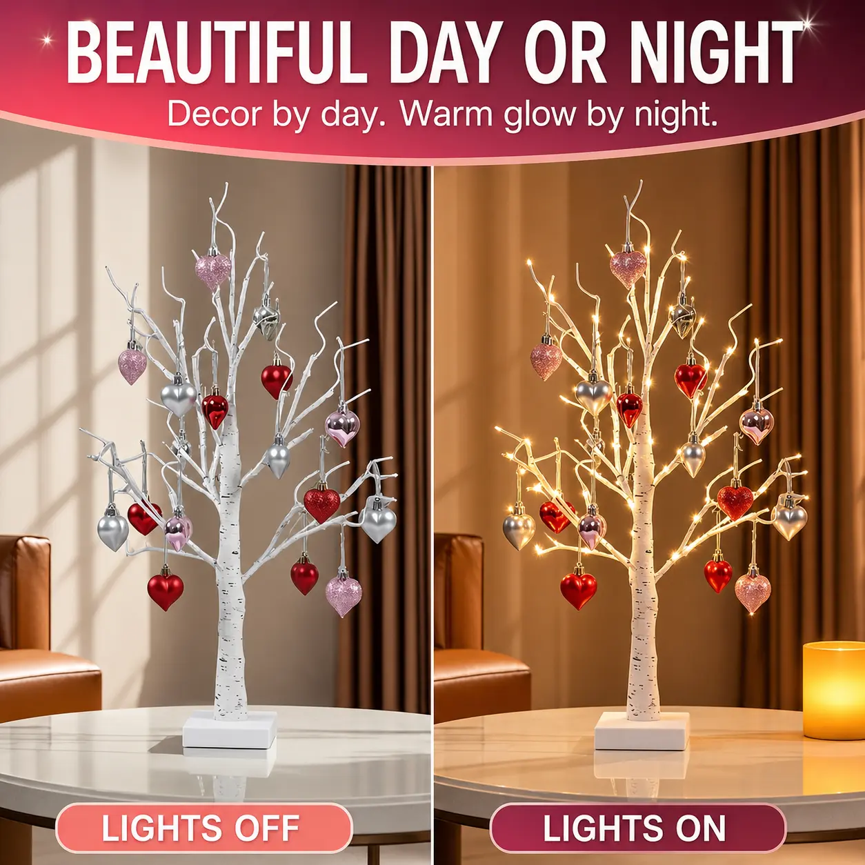 Lighted Birch Tree with 18 Heart Ornaments, Adjustable Branch Tabletop Lamp, Warm White USB or Battery Powered Valentine's Day Decor