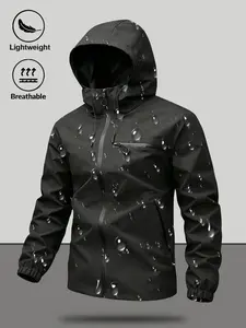 Men's Waterproof Windproof Hooded Jacket, Drawstring Zipper Pocket Design, Casual Long Sleeve Outdoor Coat for All Seasons