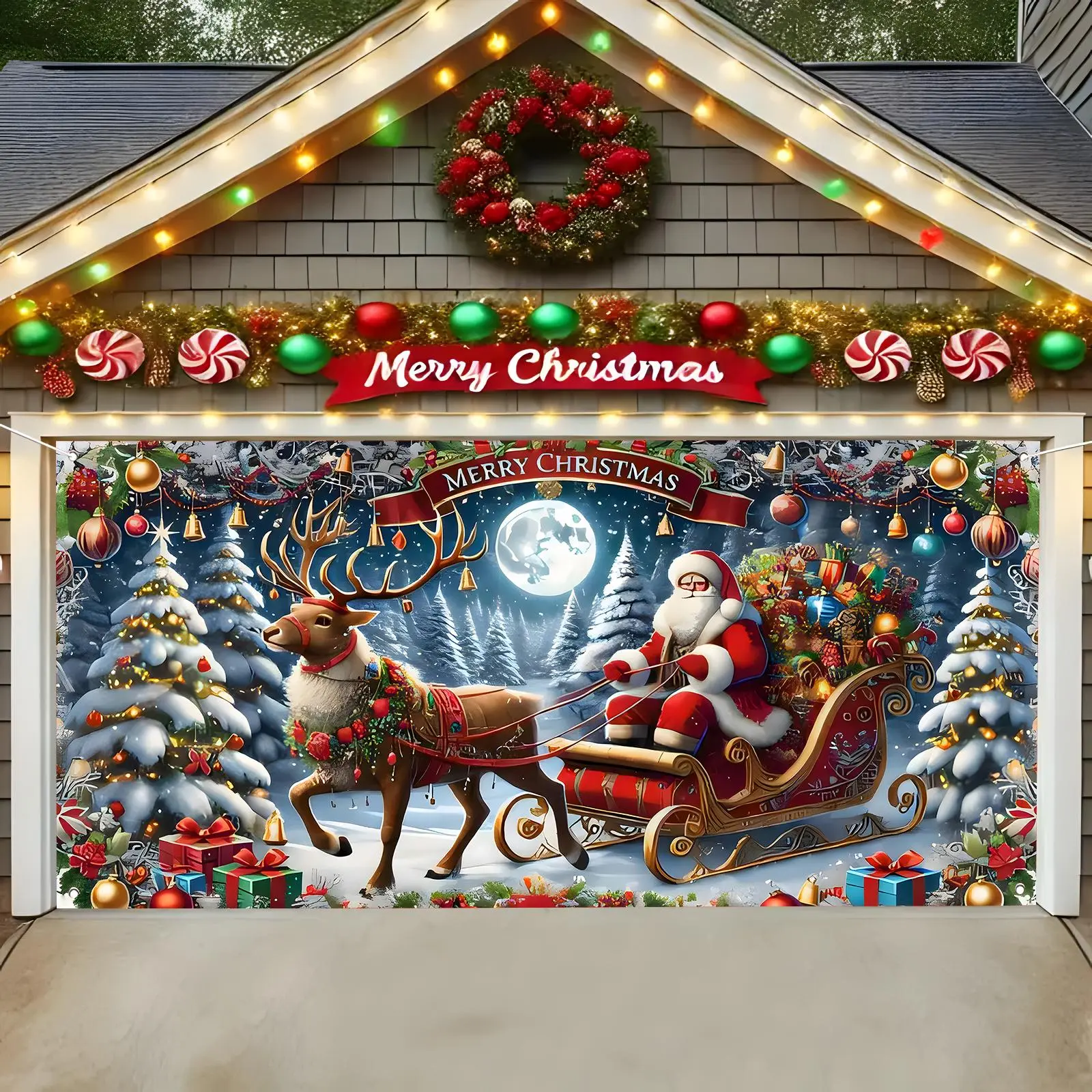 Christmas Themed Garage Door Banner, Outdoor Banners, 1 Count Santa Claus & Reindeer Pattern Garage Door Decoration Flag, Festive & Party Supplies for Home Decor