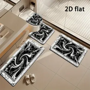 3/4pcs Black and White Marble Swirl Bathroom Mat Set, Modern Minimalist Style, Includes Toilet Lid Cover and Rug, Bathroom Decor, U-Shaped Foot Mat, 2D Flat