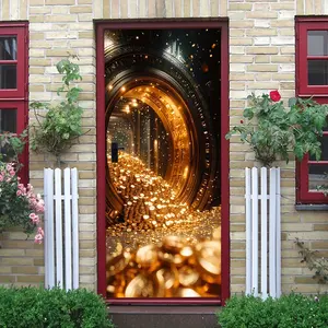 2pcs   Vintage Bank Vault Door Wall Sticker Stereo Metal Texture Design with Golden Coins Spilling Visual Effect Self Adhesive Waterproof Material for Living Room Bedroom Home Decor to Create Luxury