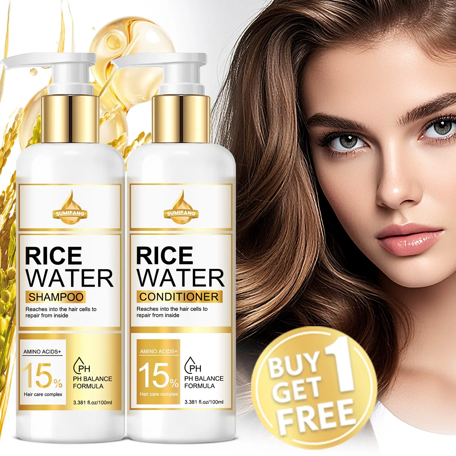 2pc 100ML Ph Balanced Rice Water Hydrating Daily Hair Care Set, Contains 15% Hair Conditioning Complex & Amino Acids, Maintains Natural Moisture, Suitable for Most Hair Types, Shampoo & Conditioner