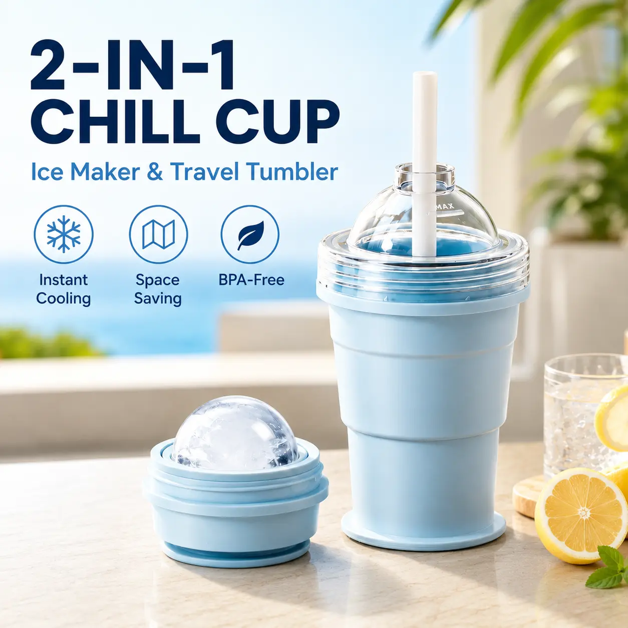 2-in-1 Portable Foldable Ice Ball Maker Bottle with Hiking Straw - Press-to-Release Hockey Cube Cup, Collapsible Easy-Clean Silicone Mold Kettle, Lightweight Reusable Cold Drinking Kitchenware Supplies, Hockey Cubes