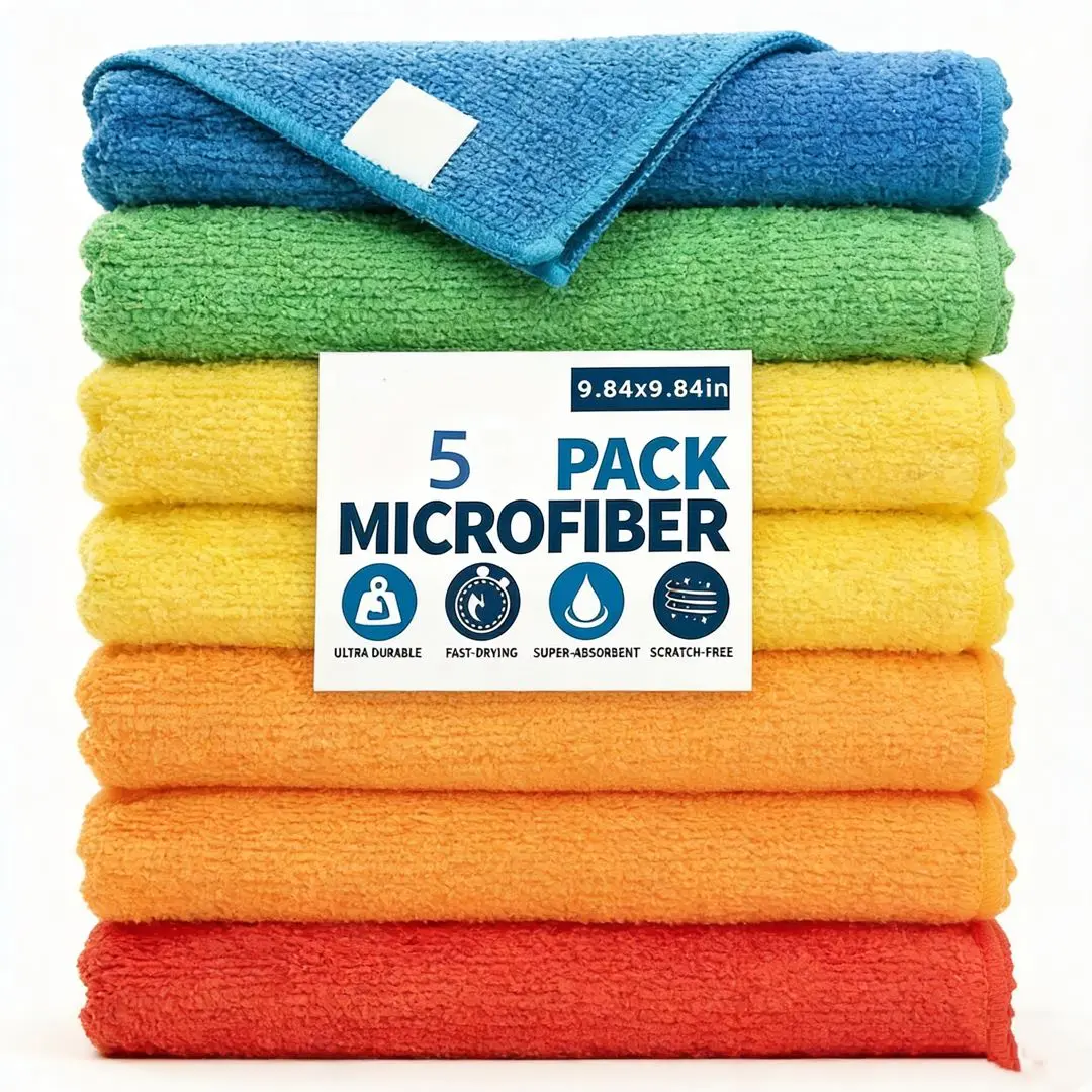 5pcs Premium Microfiber Cleaning Towel Set - Super Absorbent, Soft Household Cloths for Home, Car Cleaning