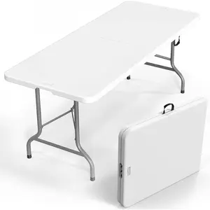 6 Foot Plastic Folding Table Portable Long Table for Indoor Outdoor Use Rectangular with Carrying Handle, Smooth HDPE Tabletop, White