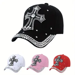 [Rhinestone Baseball Cap] One rhinestone-encrusted baseball cap with a large cross logo |   Adjustable Velcro closure, breathable, unisex casual sun hat, religious-themed style, decorative headwear#SandwichBrimBaseballCap #TwoToneBrimHat#TikTokMadeMeBuyIt