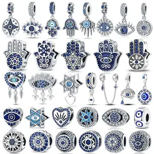 925 Sterling Silver Devil's Eye Charms Blue Zircon Hand of Fatima Beads For Original Bracelet  DIY Jewelry Evil Eyes Pendant