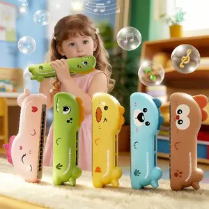 16-Hole Dinosaur Shape Cute Animal Kids Harmonica, Safe Educational Musical Toy for Toddlers, Portable LED Karaoke Microphone Wind Instrument for Beginners Wooden Radiant Tambourine Handbell