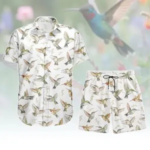 Hummingbird Print Hawaiian Matching Set Men Women Cute Bird Pattern Shirt Shorts 2PC Summer Beach Vacation Tropical Aloha Outfit Loose Comfy Casual Holiday Set