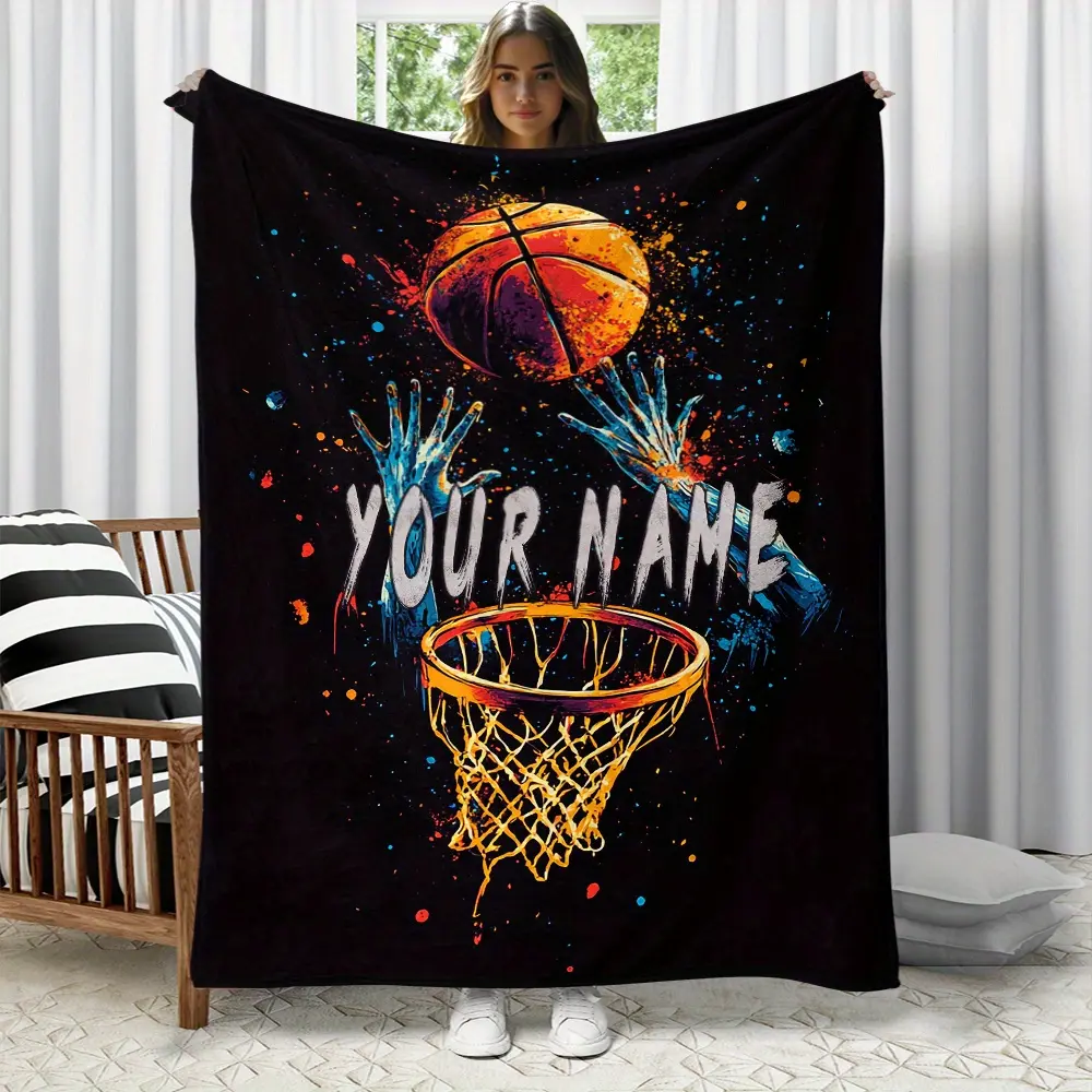 Personalized Basketball Custom Image Flannel Throw Blanket - Custom Name, Polyester, Feather-Free, Machine Washable Fleece for Sofa, Bed - Festive Home Gift for Family, Ideal for Christmas, Weddings, Custom Image Blanket