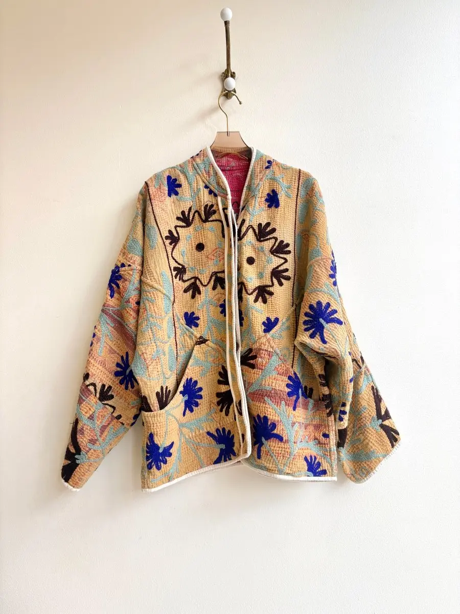 Reversible Ladhiya Suzani Quilted Jacket in Colors Pink, Beige, Red, Purple & Butter Yellow, Seafoam, Brown