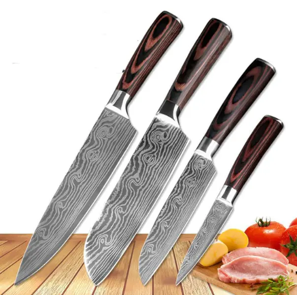 Damascus-Style Kitchen Knife Set 4-Piece, Chef Knife Set Stainless Steel with Wood Handles, Etched Pattern Blades