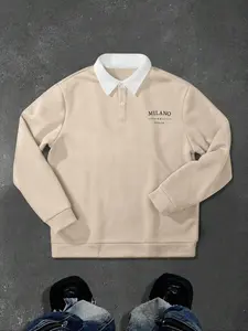 Men's Solid Color Half Button Fitted Polo Knit Hoodie, Casual Outdoor Pullover Sweatshirt Tops, Fall Winter Fashion, Long Sleeve Drop Shoulder Design, Knitwear Sweater Pullover