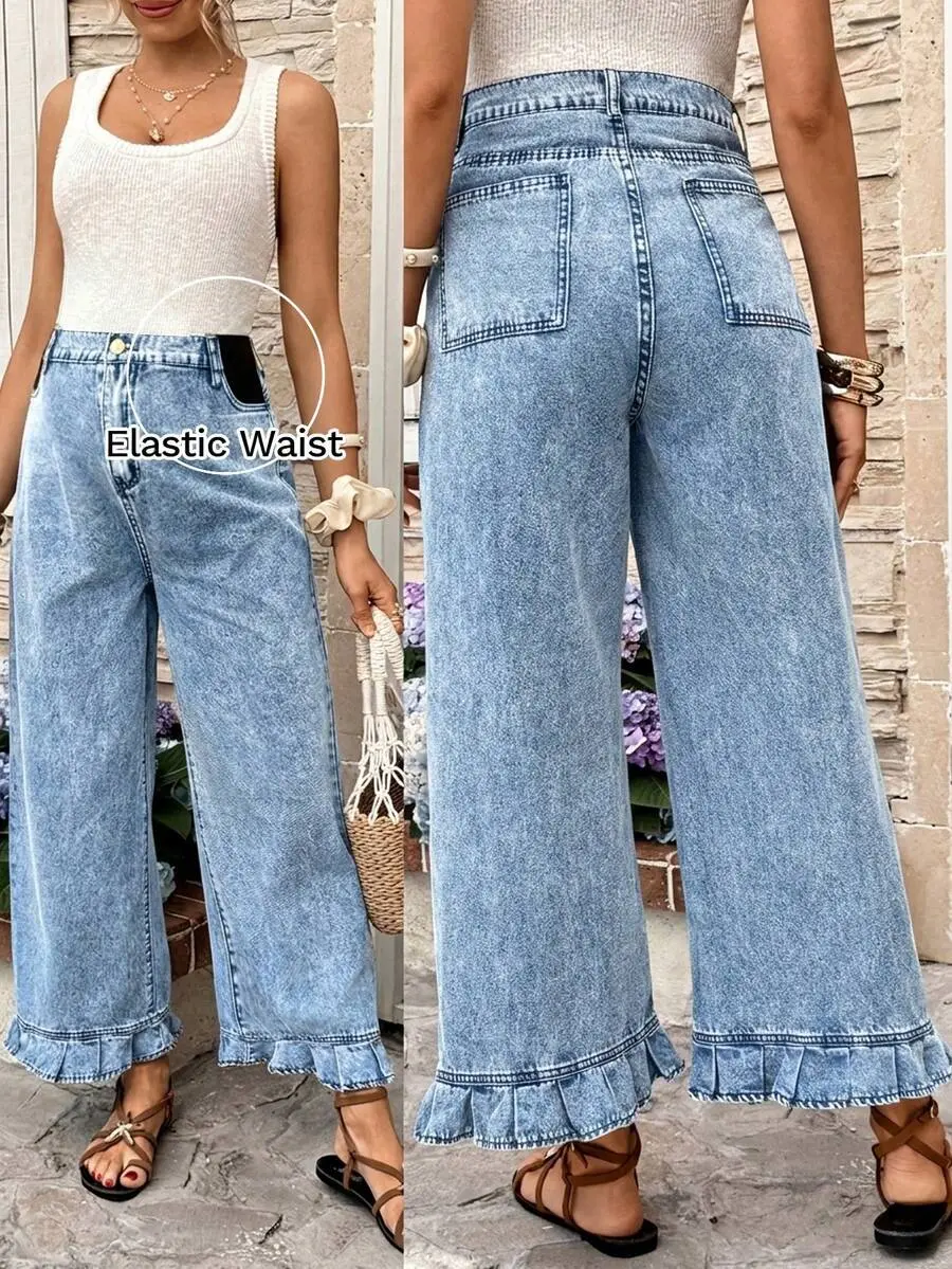 MaterniRIO Maternity Casual Washed Denim Jeans With Ruffle Hem