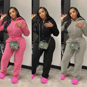 Women? Winter Long Plush Set? Solid Color Casual Fashion Bubble Fleece Tracksuit