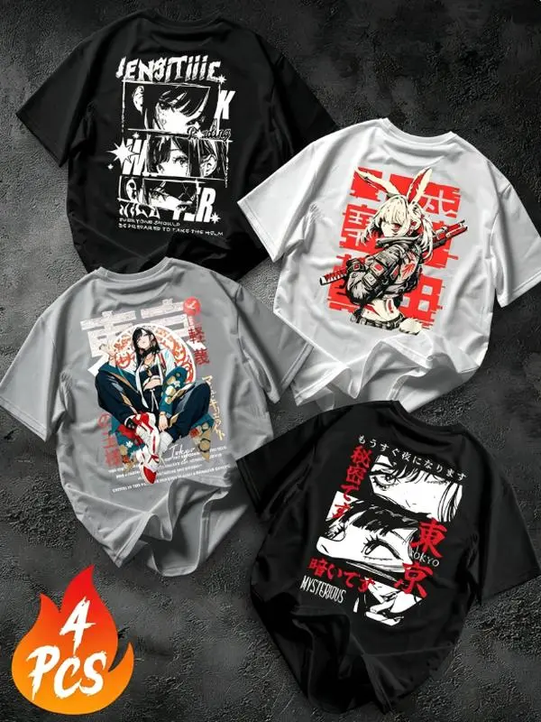 Men's 4-Pack Loose Fit 100% Cotton Short-Sleeve T-Shirts, Japanese Manga Graphic Print Round Neck Street Style Menswear Tops for Spring Summer