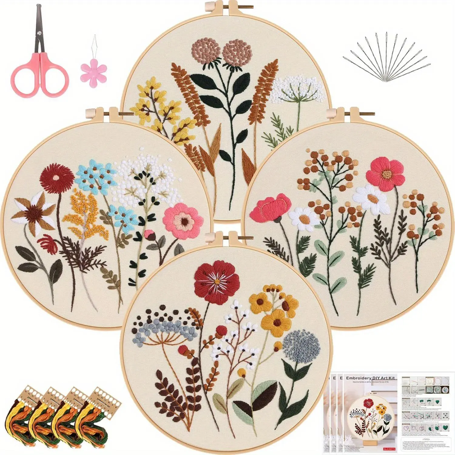 Pack of 4 Embroidery Kit with Floral Pattern And Instructions Hoops Floss Threads Needles,Cross Stitch Kits Embroidery Starter Kit Hand Embroidery Kit for Beginners