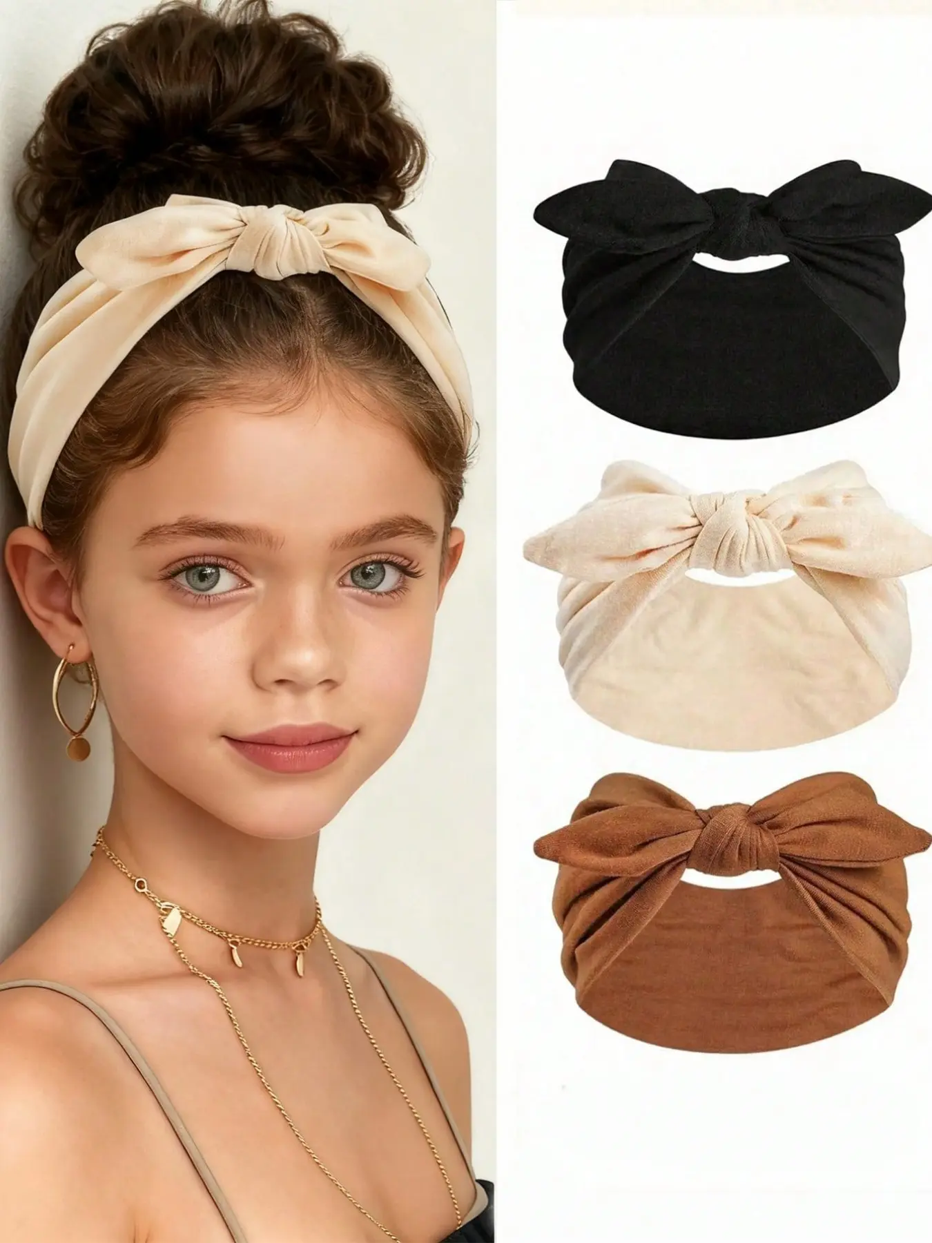 3pcs Girls Kid Children Bowknot Rabbit Ear Headband, Boho Casual Extra Wide Cute Rabbit Ear Knotted Headband, Solid Color Bowknot Hair Accessory, Hair Decor, Suitable For Daily Wear, Bunny Ears, Autumn/Winter Headband, Cute Hair Accessories