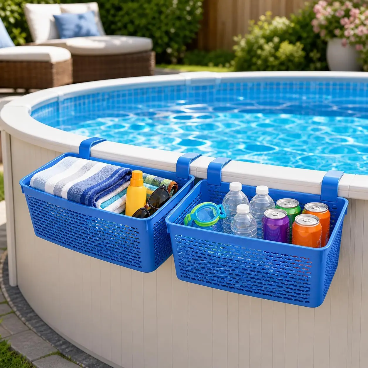 2 Packs XL Poolside Storage Basket for Above Ground Pools – 15.6" L x 12.1" W x 6.1" H - Swimming Pool Organizer Patio Accessories – Made in Europe – (Blue)