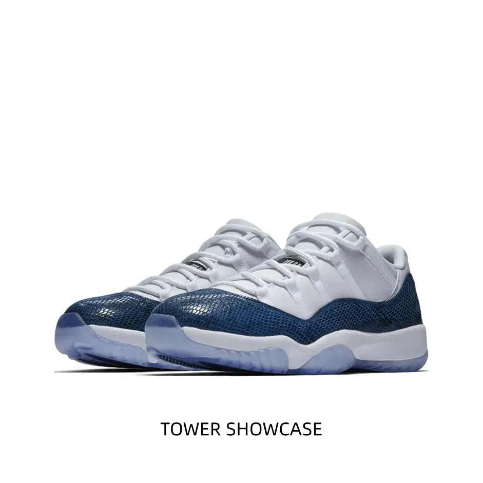 Premium White Navy Snake Print Low Top Basketball Sneakers Gloss Snake Skin Patent Toe White Fabric Upper Translucent Ice Blue Outsole Shock Absorb Rubber Footwear for Men Street Daily Shoes