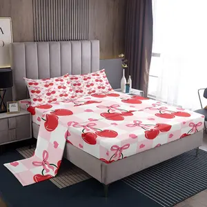 Red Bowknot Cherry Sheets,Pink Bow Tie Knot Princess Bedding Set,Room Decor,Bow-Tie Girlish Dreamy Bed Sheets,Grid Sheets Set