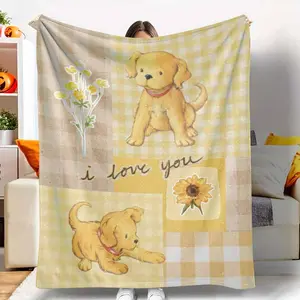 Yellow Puppy Flannel Blanket Cute Dog and Sunflower Plaid Print Soft Warm Cozy Lightweight Durable Perfect for Bedroom Sofa Office Gift Home Decoration tiktokshopspringglowup