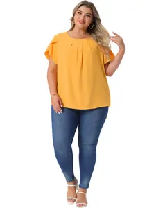 Agnes Orinda Plus Size Work Office Round Neck Pleated Top Tulip Sleeves Blouse