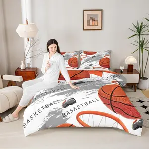 Basketball Comforter Set,Orange Basketball Print Bedding Set for Kids Boys Teens Room Decor,Sports Gaming Theme Quilt Set,Grey Stains Print Duvet Set