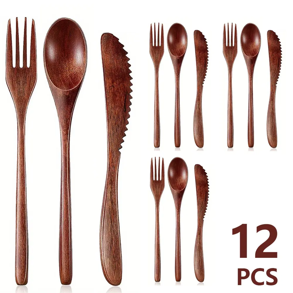 12-Piece Wooden Cutlery Set, Eco-Friendly Kitchen Utensils, Includes Spoon Fork Knife, Forks Spoons And Knives Set, Natural Wood, Non-Scratch, Dining Tableware, Dinnerware Service Set