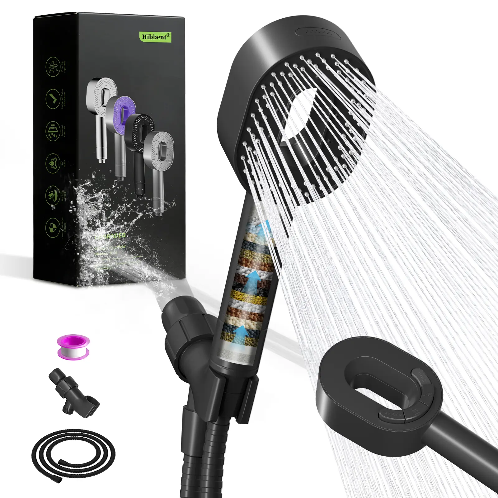 Hibbent Filtered Shower Head with Handheld, High Pressure Water Flow and Multiple Spray Modes Shower Head with Filter, 20 Stage Shower Filter，Water Softener Filters Beads for Hard Water -Remove Chlorine,home essentials