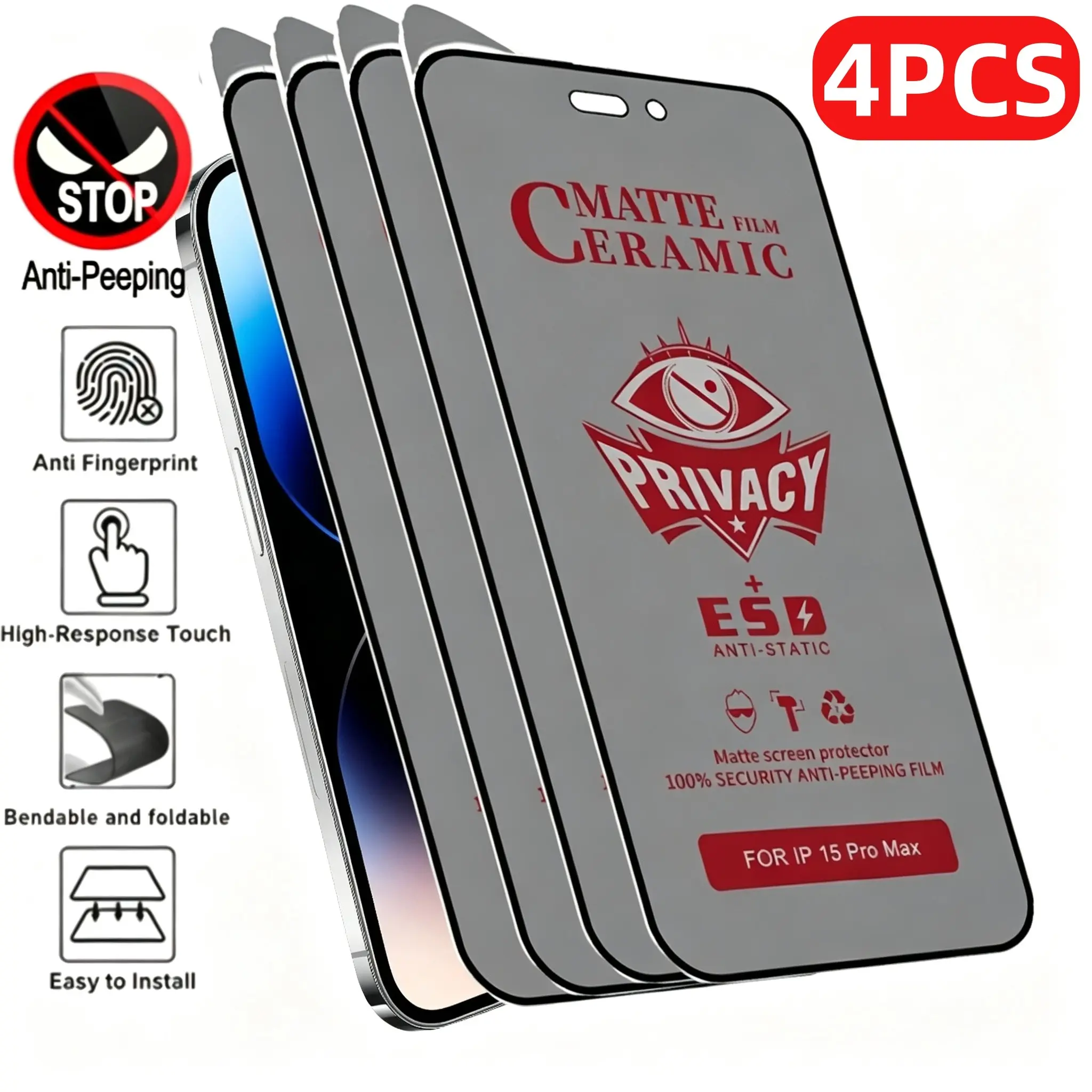 4 Packs Matte Privacy Ceramic Screen Protector For Cellphone, Smartphone, iPhone 17/17 Pro/17 Pro Max/16/15/14/13/12/11/X/XR/XS, Full Coverage, Anti-Peeping, Anti-Glare, Anti-Scratch, Bubble-Free Installation