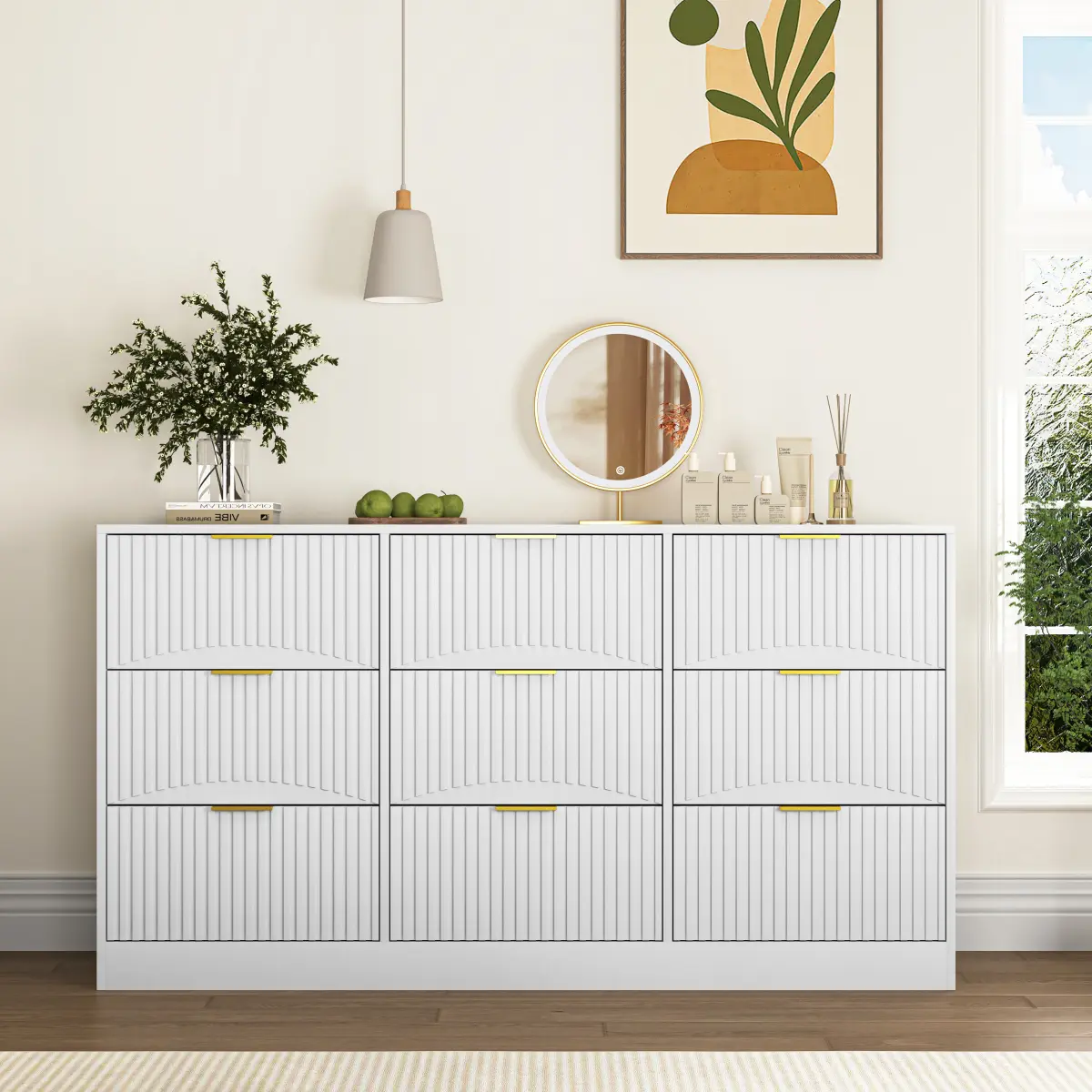 [Bellemave]  63" Large Deep Chest of Drawers, Wooden Dresser Storage Cabinet with 9 Drawers, Long Dressers for Bedroom, Living Room, Hallway, White