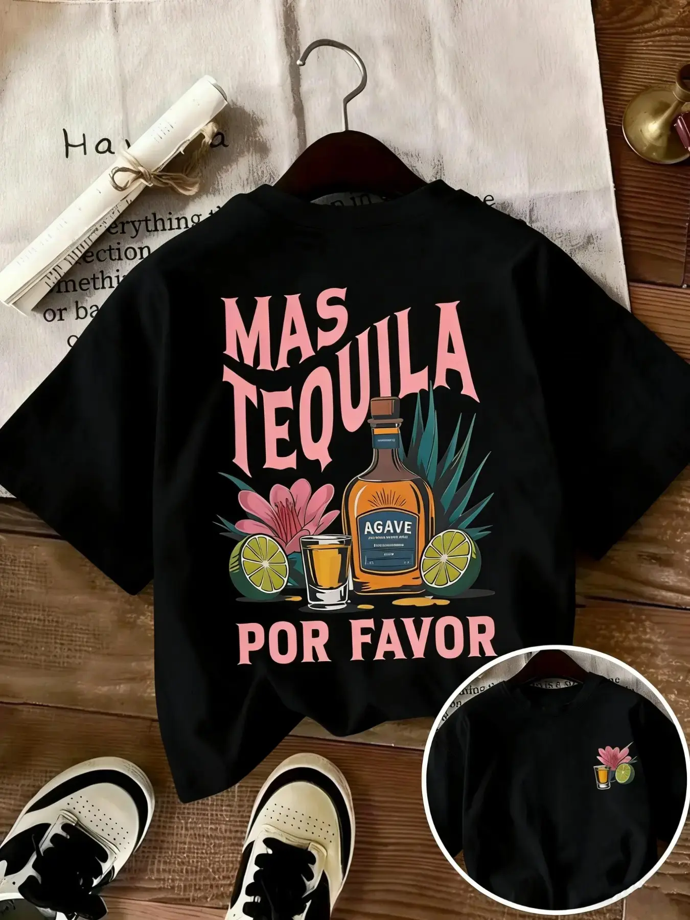 Viral Mas Tequila Por Favor Graphic T-Shirt, Summer Tee, Casual Summer Tops, Y2K Aesthetic Party & Vacation Top, Comfy Casual Shirt with Alcohol Print, Must-Have for Beach,,shirts