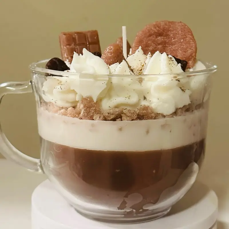 Chocolate Latte Dessert Candle with Whipped Cream and Cookie Pieces for Aromatic Home Decor