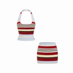 Cider Knit Halter Neck Striped Tank Top & Low Rise Mini Skirt Set