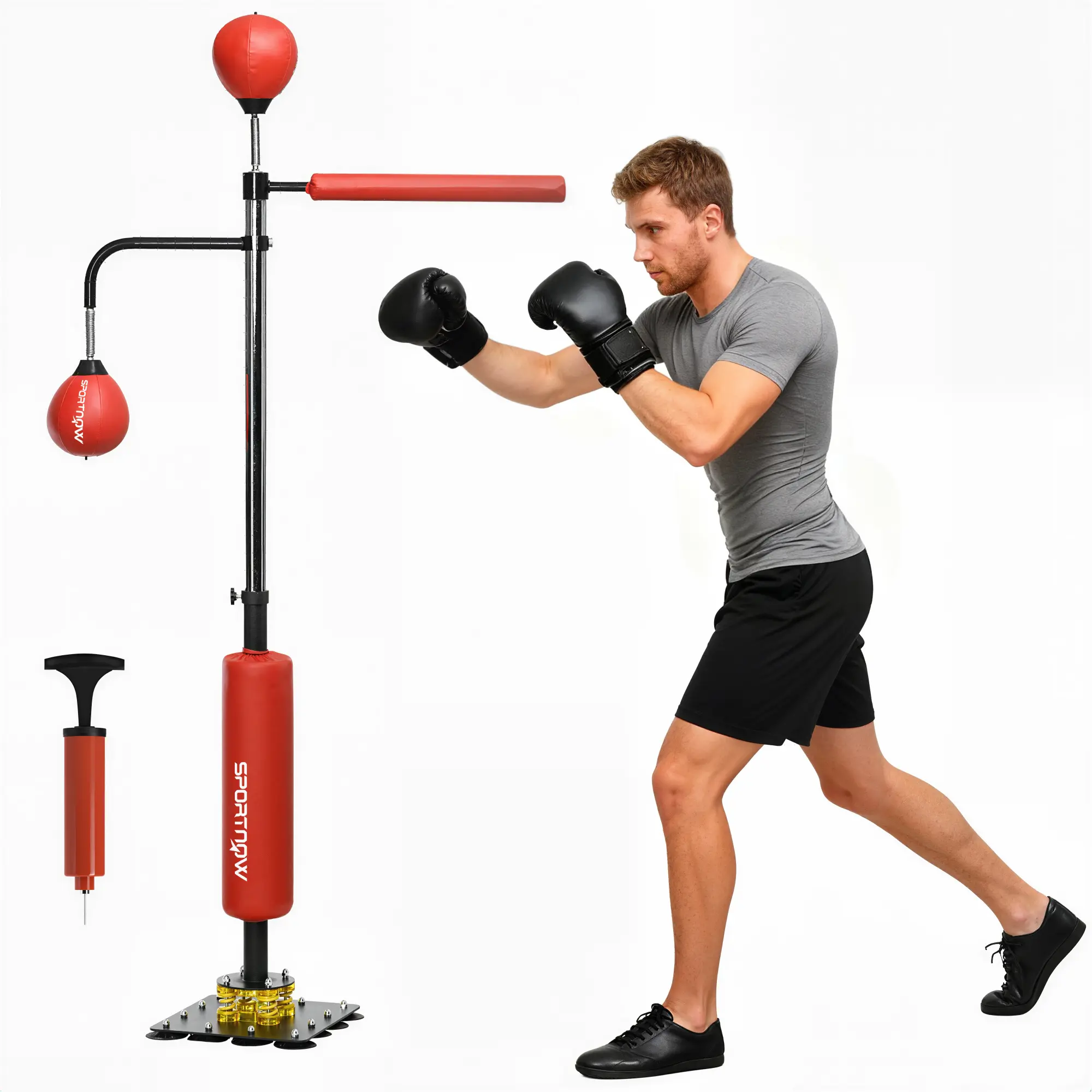 #Summervibes Soozier Boxing Bag Stand with Speed Bag and Reaction Bar Challenge, 55.1"-80.7" Reflex Bag Boxing Training Equipment with Suction Cups and Shock-absorbing System, Red