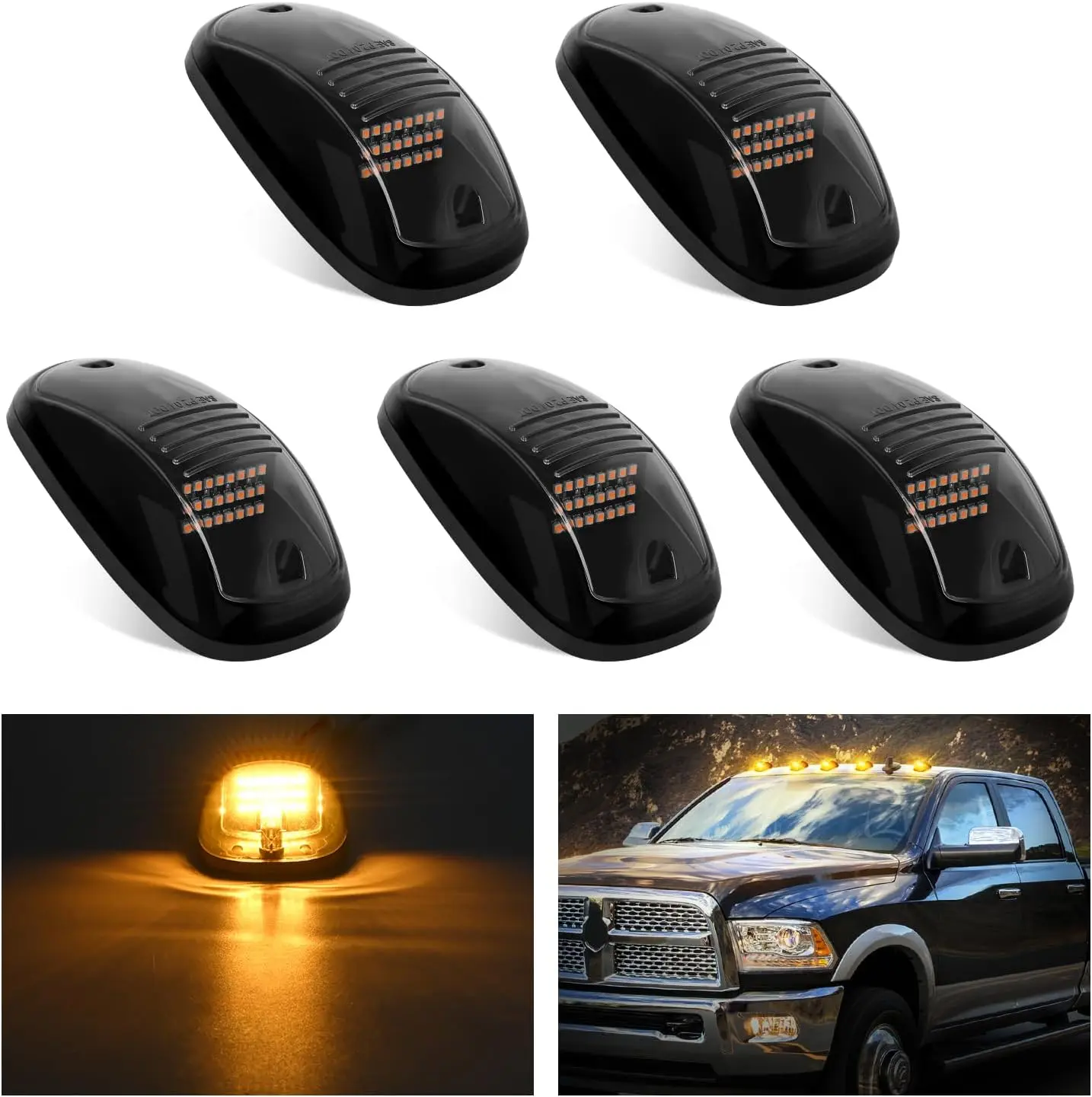 Nilight Car LED Cab Marker Lights - 5 PCS 24-LED Smoke Lens Amber Waterproof Clearance Roof Running Lights, ABS Polycarbonate, Plug-and-Play, Shock-Resistant Day-and-Night Truck Accessories for 2003-2018 Dodge Ram 1500 2500 3500 Pickups with Wire Nuts
