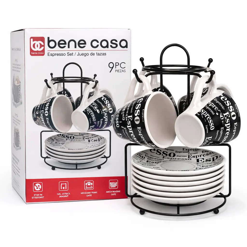 Bene Casa 9-Piece Modern Metal Enamel Ceramic Barista-Style Espresso Set, Black and White Coffee Cups with Saucers, Coffee Drinkware with Organiser Base, Barista-Style Coffee Sets