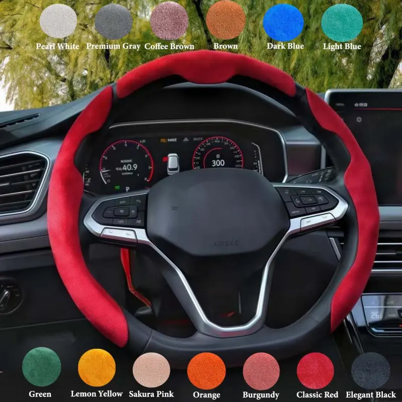 Suede Leather Snap-On Steering Wheel Cover - Anti-Slip Grip, Breathable, Comfortable, Odor-Free, All-Season Universal Car O/D Fit - Automotive Steering Wheel Accessories, Car Interior Gift, Car Gift