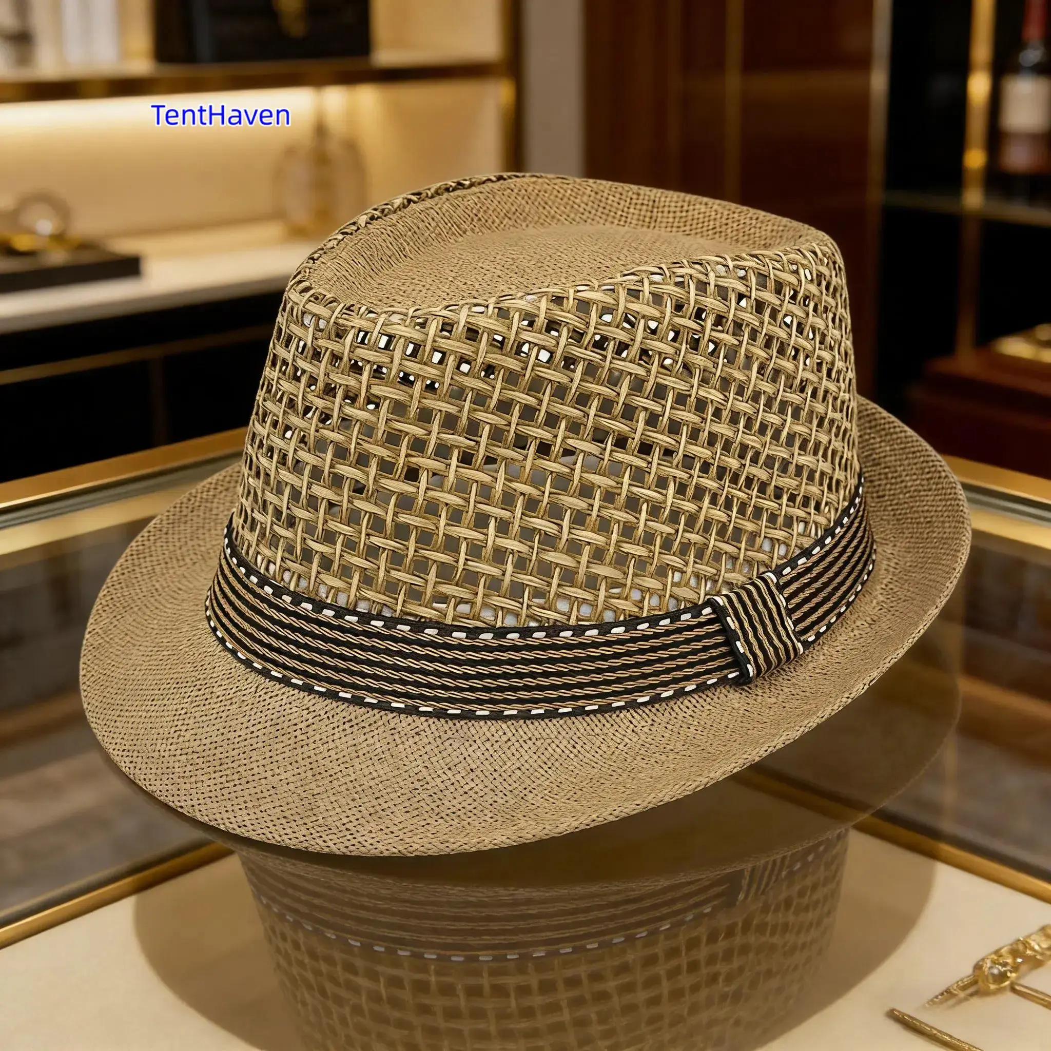 Unisex Lightweight Straw Panama Outdoor Sun Hat - Breathable Mesh, Drawstring Design, Casual Outdoor, Structured, Ideal for Beach, Travel (Spring/Summer Wear), Casual Outdoor Hat
