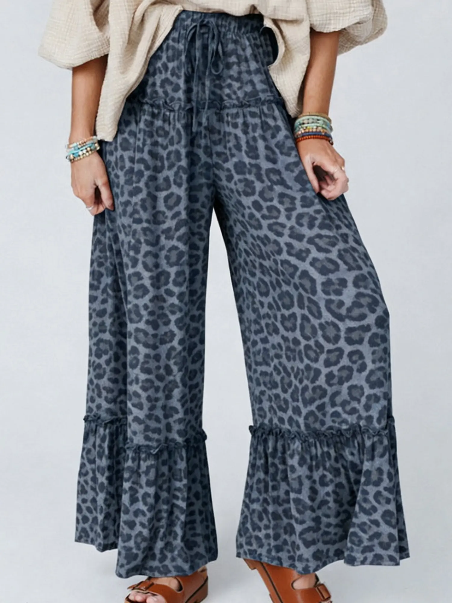 PHEFEE Women's Soft Boho Leopard Print Flare Pants with a High Waisted Baggy Fit, Customized Drawstring, and Ruffle Hem, Polyester, Adjustable