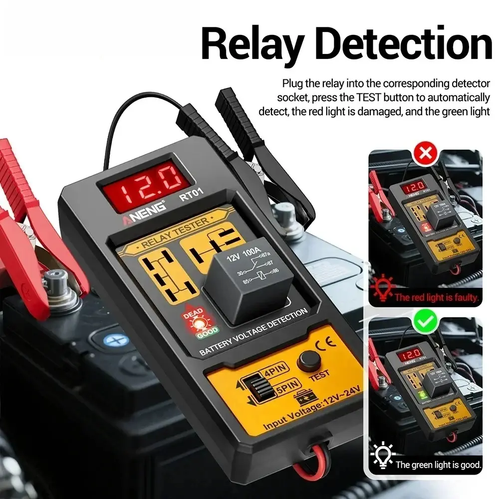 RT01 Relay Detector, 11-25V Range Automotive Battery Checker with LED Indicator, Alligator Clip, Digital Display, 5-Pin/4-Pin Universal Car Relay Tester for Voltage Diagnosis & Action Release Time Detection, 11V-25V
