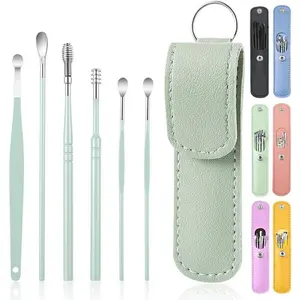 Ear Pick Earwax Removal Kit - 6 Pcs Cleansing Tool Set with 360degree Spiral Design Canal Cleaner, Portable Storage Box, Green
