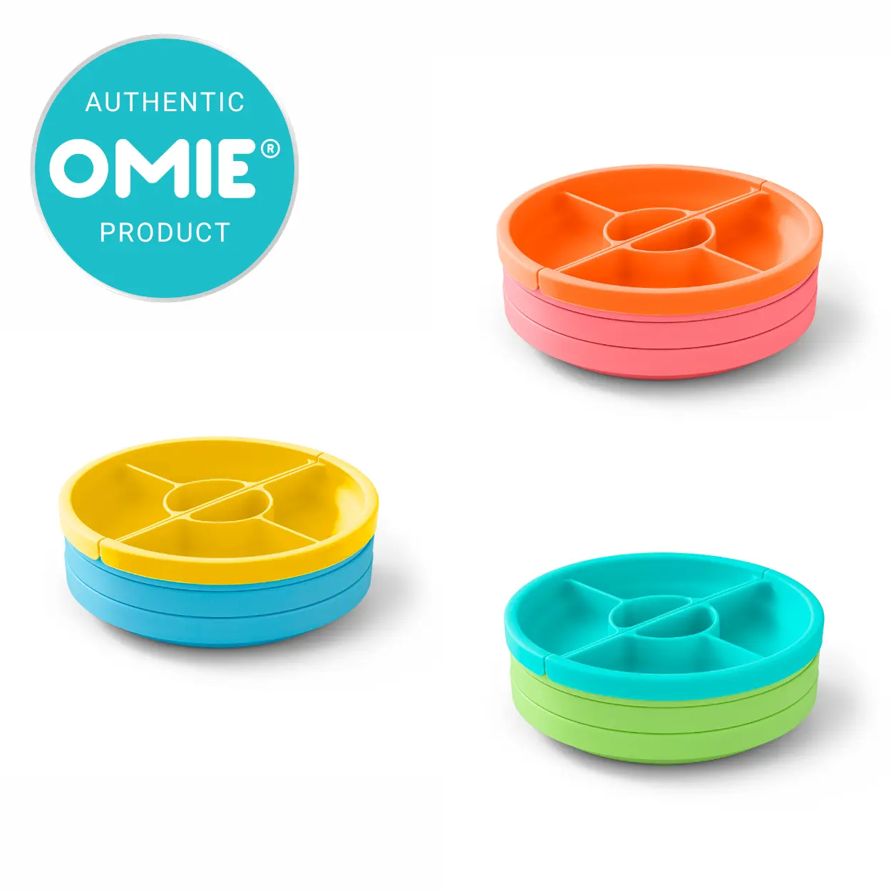 Omie Easy Scoop Toddler Divided Plate Set - 3 Plant-Based Plastic Plates with 2 Silicone Built-In Dividers, Spill-Proof TTS Kitchen Tableware, Divided Plate Plates