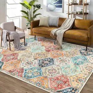 Washable Boho Medallion Area Rug, Vintage Distressed, Orange
