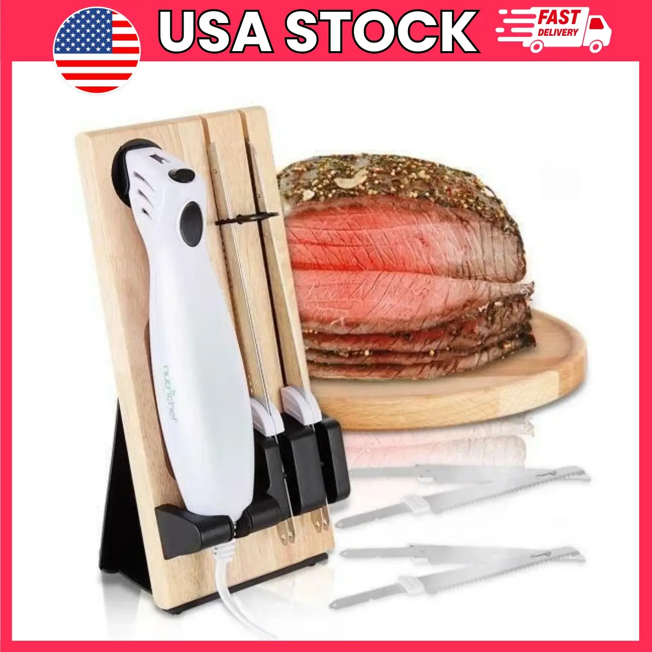 Electric Knife Set with Stainless Steel Blades, Portable Food Cutter for Bread and Meat Carving, 100 W Kitchen Slicer with Wooden Storage Stand | kitchen slicer, electric carving knife, stainless steel blade knife, portable electric cutter